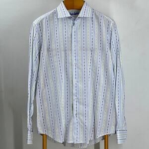 Robert Graham Men's Long Sleeve Blue White Striped Flip Cuff Shirt Size 16.5